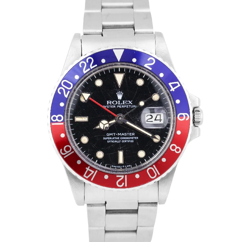 1986 Rolex GMT-Master GLOSSY PATINA Blue Red SPIDER DIAL Steel PEPSI 16750 Watch