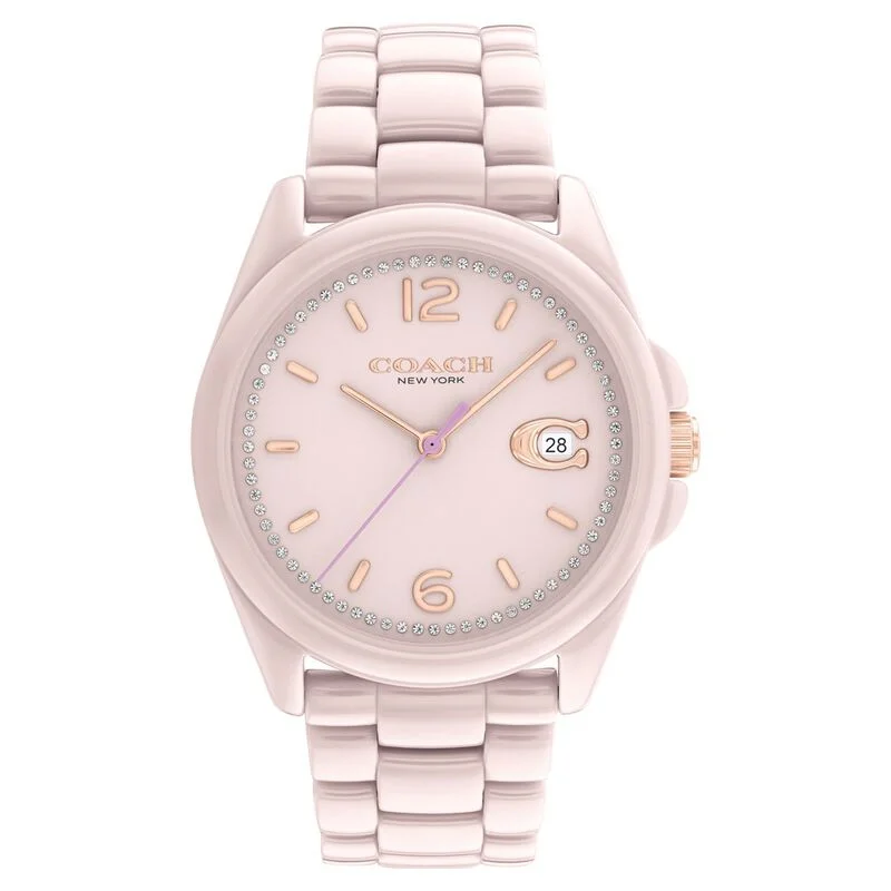 Coach Quartz Analog Pink Dial Ceramic Strap Watch For Women