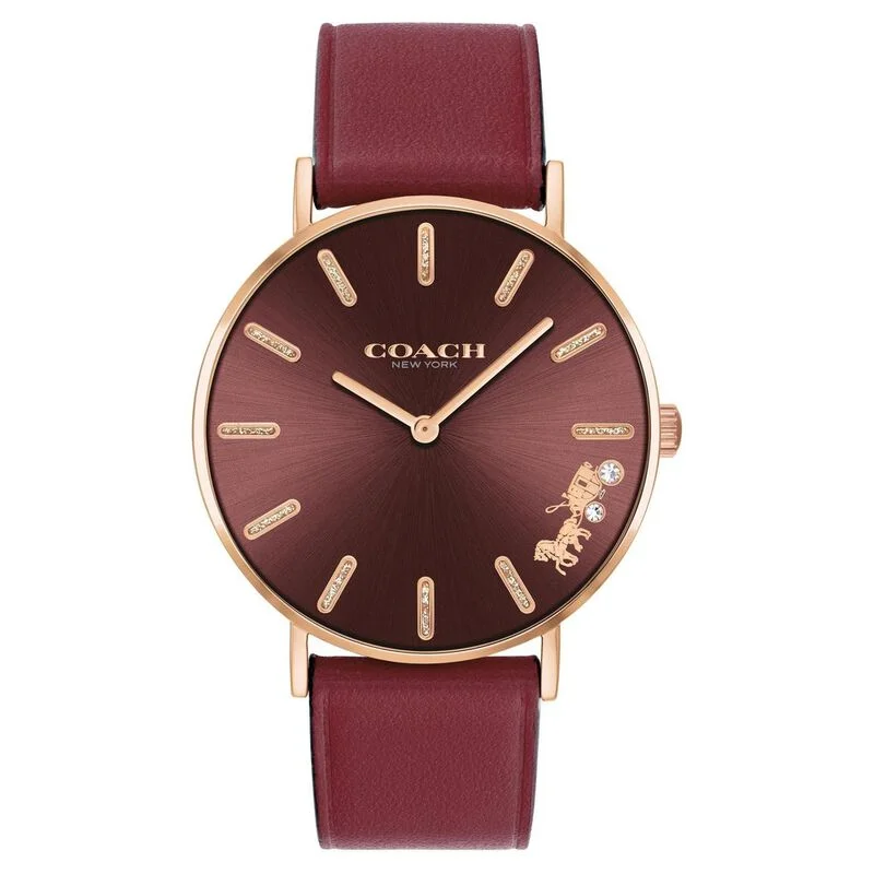 Coach Quartz Analog Red Dial Leather Strap Watch For Women