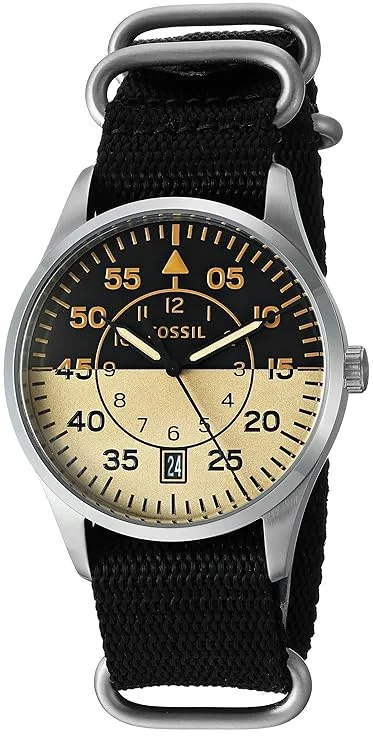 Fossil Mens  Vintage 54 Aviator Three-Hand Date Black Polyester Watch FS5248