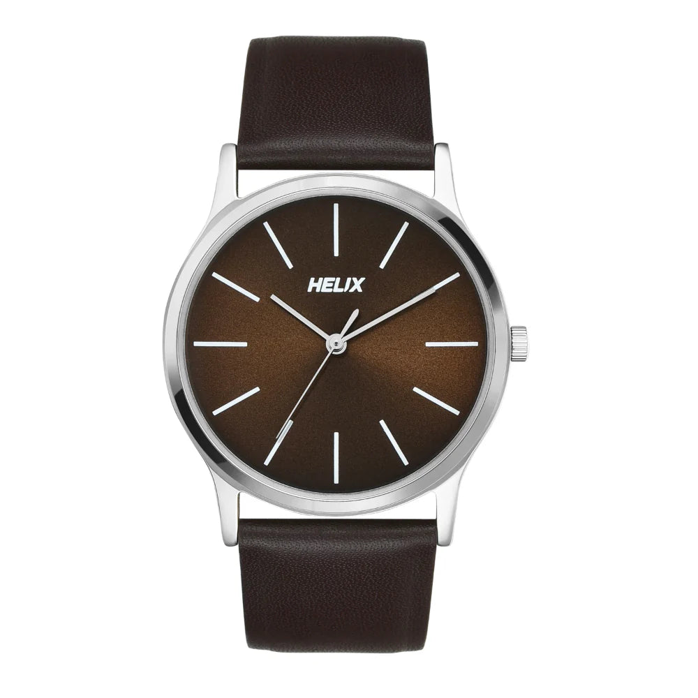 Helix By Timex Brown Round Analog Leather Watch Men -TW054HG03