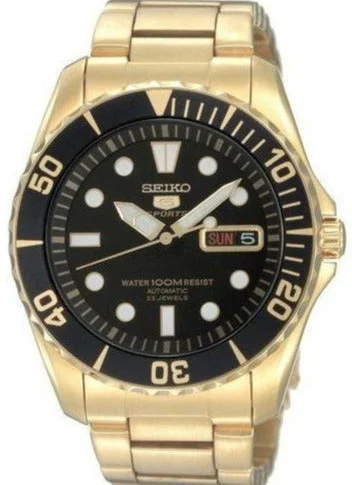 Seiko 5 Sports Automatic 100M Diver Gold Tone Date Day Display SNZF22