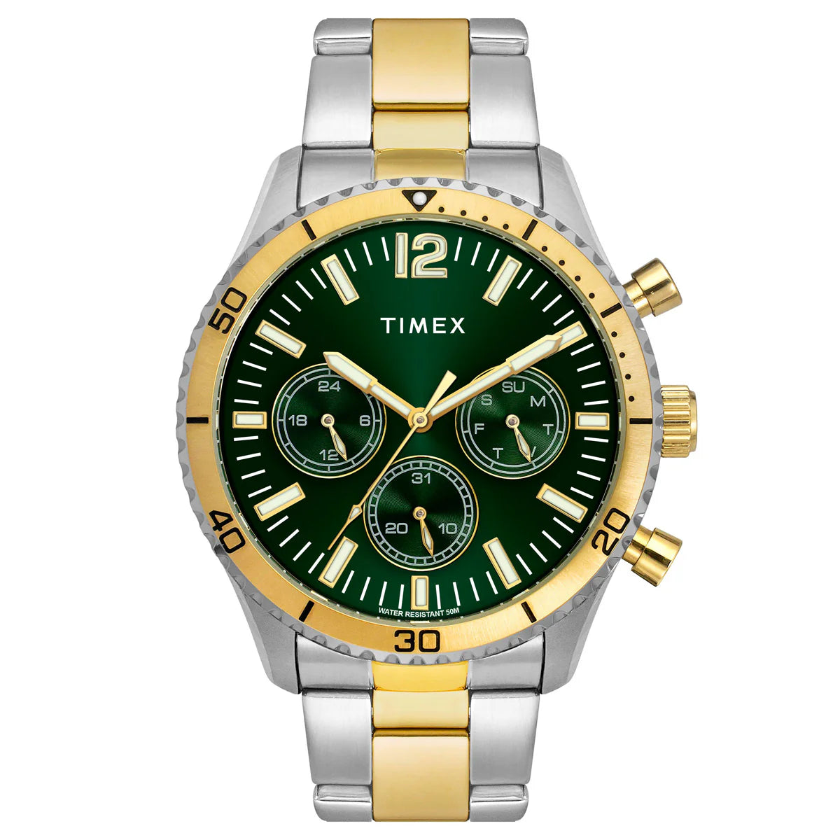 Timex E-Class Premium-Sport Collection Multifunction Men Analog Green Dial Coloured Quartz Watch, Round Dial with 43 mm Case Width - TWEG22201