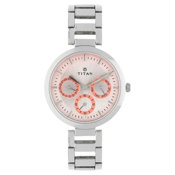 Titan Quartz Multifunction Pink Dial Stainless Steel Strap Watch for Women 2480sm05