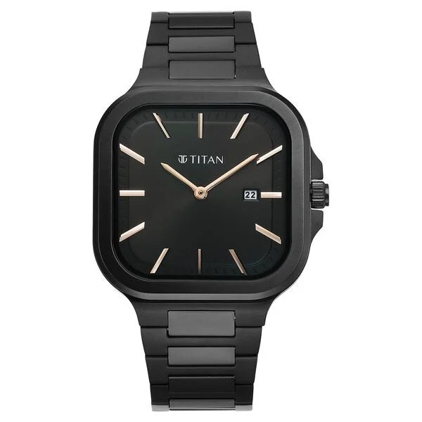 Titan Classique Slim Square Quartz Analog with Date Black Dial Stainless Steel Strap Watch for Men 90176nm01