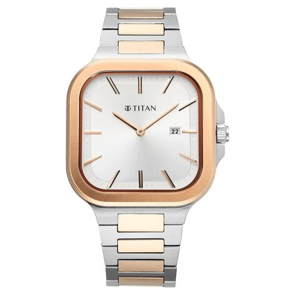 Titan Classique Slim Square Quartz Analog with Date Silver Dial Stainless Steel Strap Watch for Men 90176km01