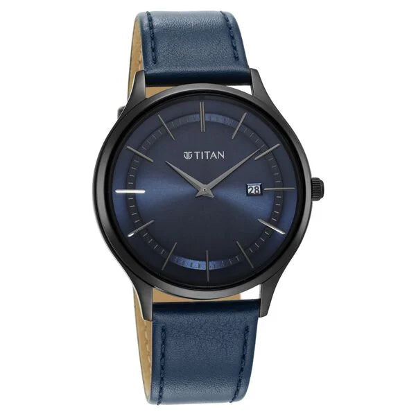 Titan Classique Slimline Blue Dial Analog with Date Leather Strap watch for Men 90142nl01