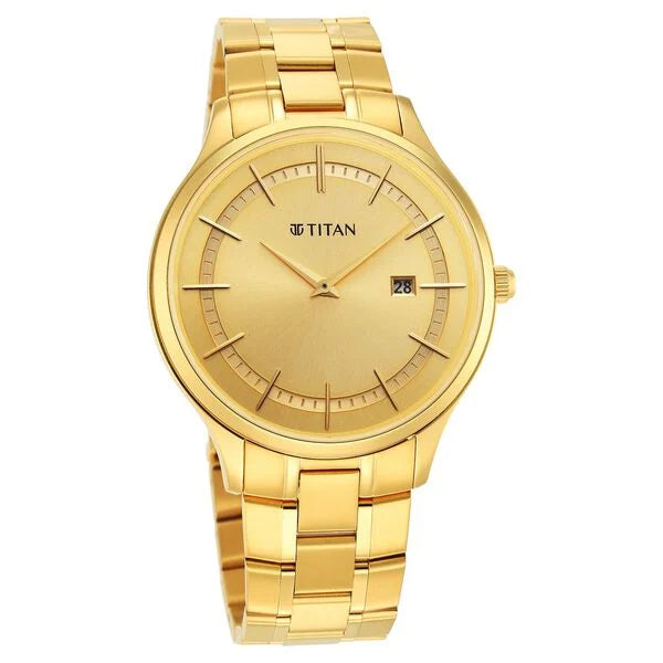 Titan Classique Slimline Champagne Dial Analog with Day and Date Stainless Steel Strap Watch for Men 90142ym01