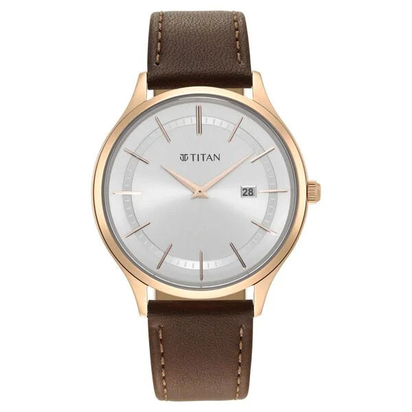 Titan Classique Slimline Silver Dial Analog with Date Leather Strap watch for Men 90142wl01