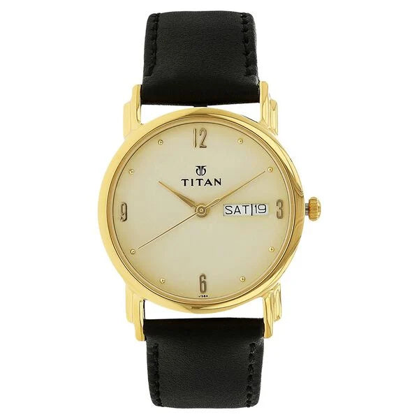 Titan Karishma Champagne Dial Analog with Day and Date Leather Strap watch for Men 1445yl05