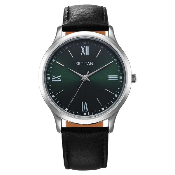 Titan Karishma Quartz Analog Green Dial Leather Strap Watch for Men 1825sl16