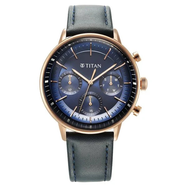 Titan Light Leathers Quartz Multifunction Blue Dial Stainless Steel Strap Watch for Men 90171wl01