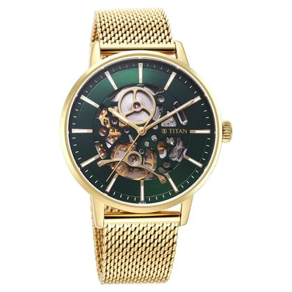 Titan Mechanical Slimline Green Dial Mechanical Stainless Steel Strap watch for Men 90159ym01