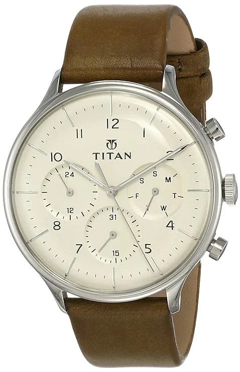 Titan On Trend White Dial Quartz Multifunction Leather Strap watch for Men 90102sl02