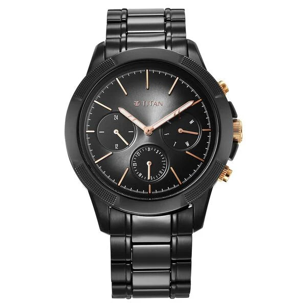 Titan Quartet Black Dial Analog with Day and Date Steel and Ceramic Strap watch for Men 90090kd03