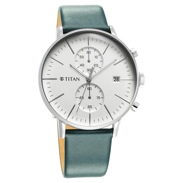 Titan Quartz Chronograph Silver Dial Leather Strap Watch for Men 90146sl01