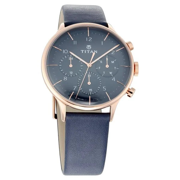 Titan Quartz Multifunction Blue Dial Leather Strap Watch for Men 90102wl02