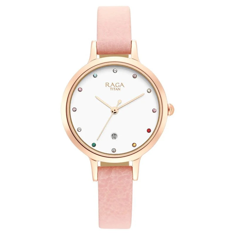 Titan Raga Viva Quartz Analog with Date White Dial Leather Strap Watch for Women 2666wl01