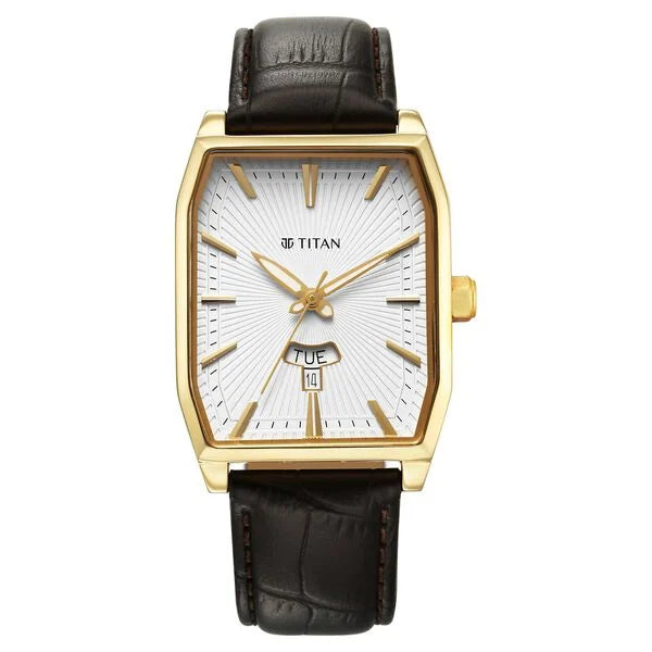 Titan Regalia Opulent White Dial Analog with Day and Date Leather Strap Watch for Men 1876yl02