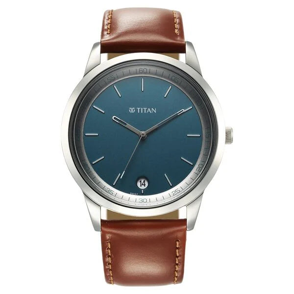 Titan Wrist Wit Quartz Analog with Date Blue Dial Leather Strap Watch for Men 1806sl12